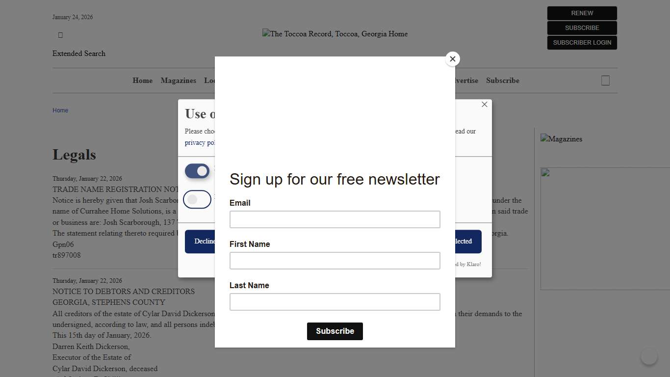 Legals The Toccoa Record, Toccoa, Georgia